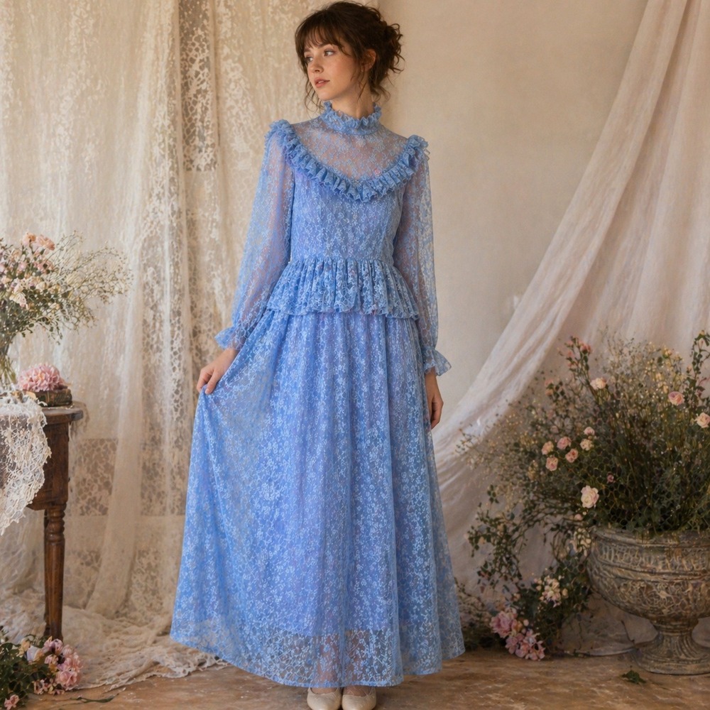 Vintage 70s Romantic Prairie Maxi Dress Gown XS Blue Lace Sheer Ruffle Cottage